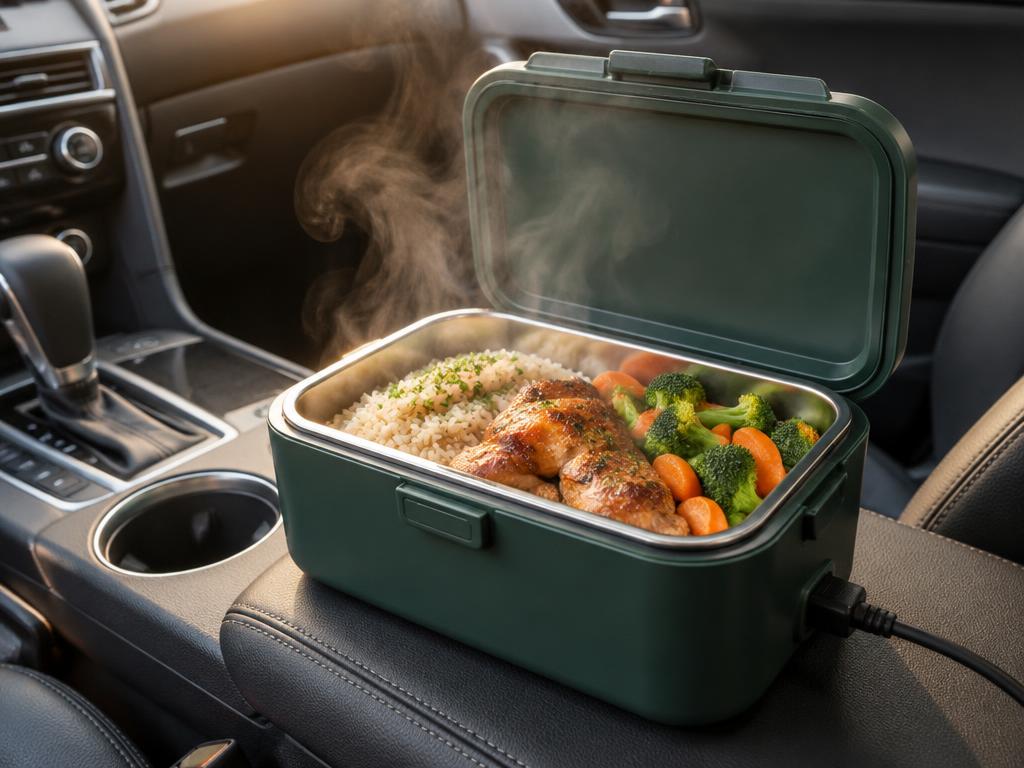 Otwarty lunchbox z ciepłym, parującym obiadem